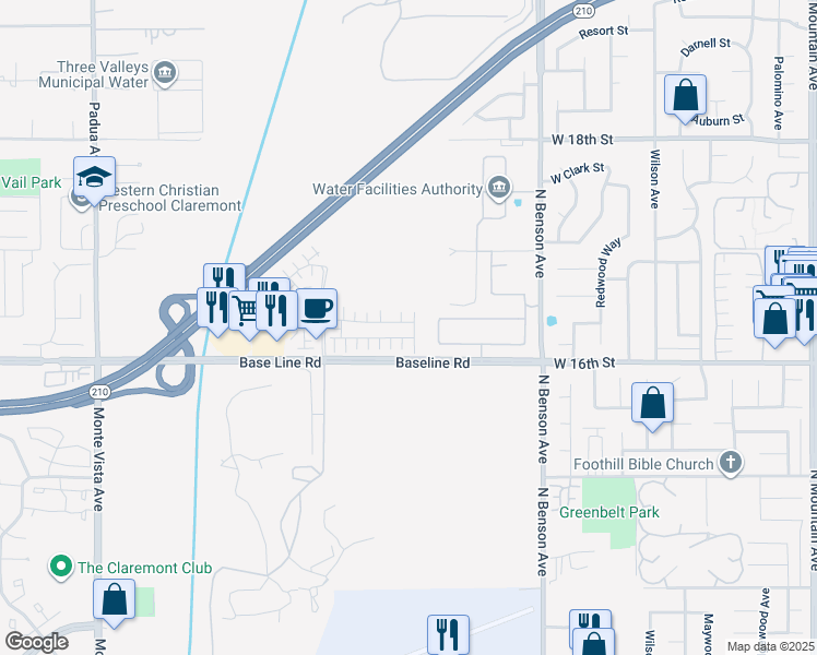 map of restaurants, bars, coffee shops, grocery stores, and more near 1780 Plan Tree Drive in Upland