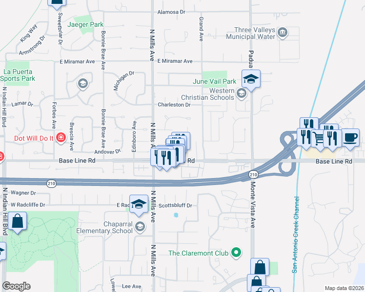 map of restaurants, bars, coffee shops, grocery stores, and more near 2937 Claremont Heights Drive in Claremont