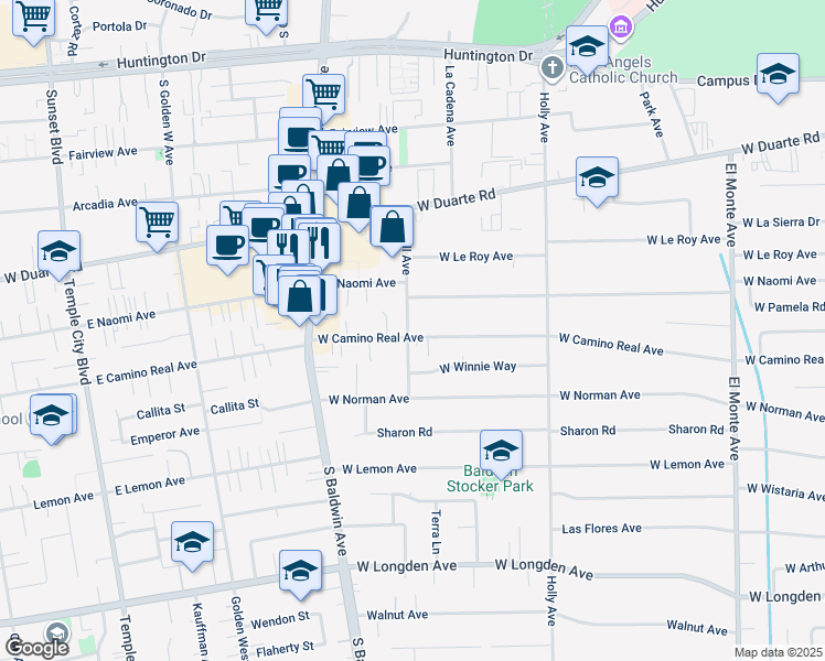 map of restaurants, bars, coffee shops, grocery stores, and more near 1430 Lovell Avenue in Arcadia