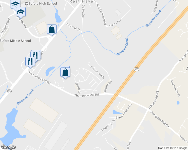 map of restaurants, bars, coffee shops, grocery stores, and more near 4635 Arden Drive in Buford