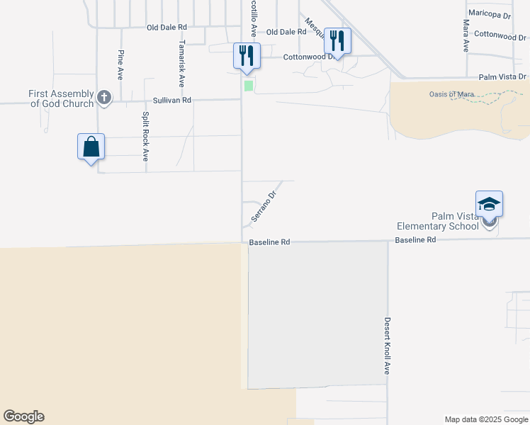 map of restaurants, bars, coffee shops, grocery stores, and more near 73761 Serrano Drive in Twentynine Palms