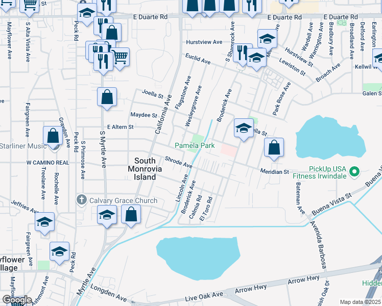 map of restaurants, bars, coffee shops, grocery stores, and more near 2248 Goodall Avenue in Duarte