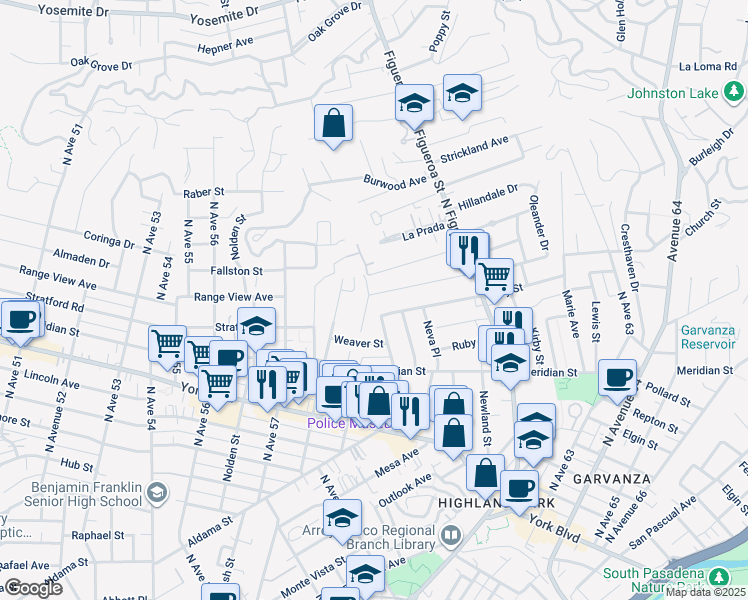 map of restaurants, bars, coffee shops, grocery stores, and more near 6002 Springvale Drive in Los Angeles