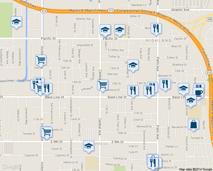 map of restaurants, bars, coffee shops, grocery stores, and more near 26959 Messina Street in Highland