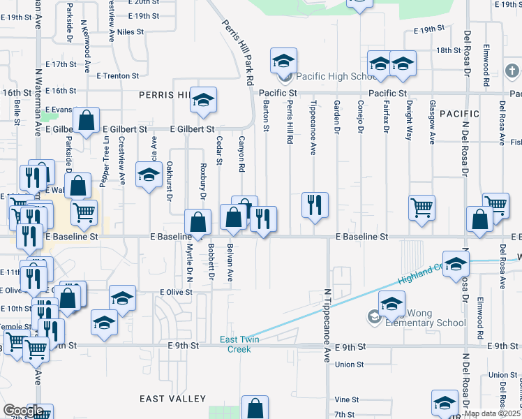map of restaurants, bars, coffee shops, grocery stores, and more near 7252 Barton Street in San Bernardino