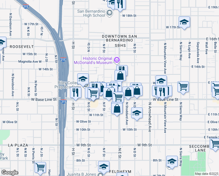 map of restaurants, bars, coffee shops, grocery stores, and more near 554 West Base Line Street in San Bernardino