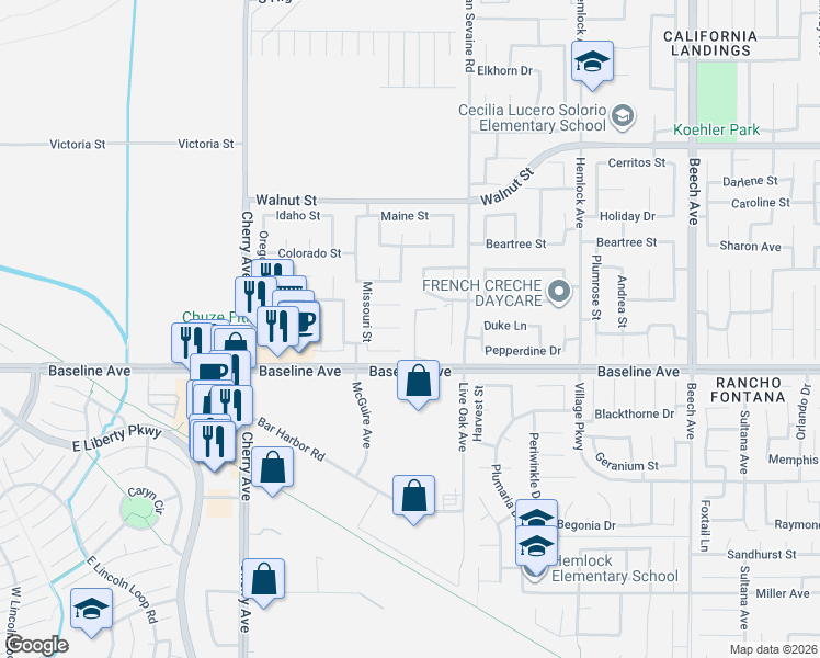 map of restaurants, bars, coffee shops, grocery stores, and more near 14785 Alabama Court in Fontana
