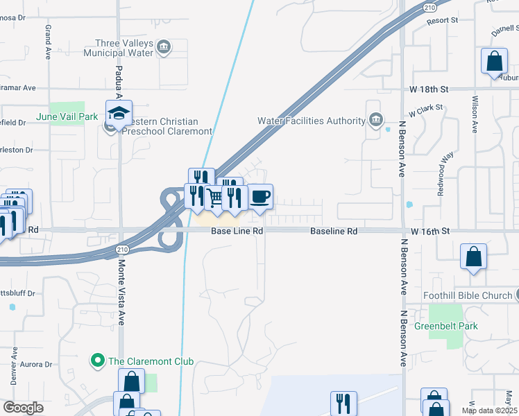 map of restaurants, bars, coffee shops, grocery stores, and more near 1604 Mahogany Tree Place in Upland