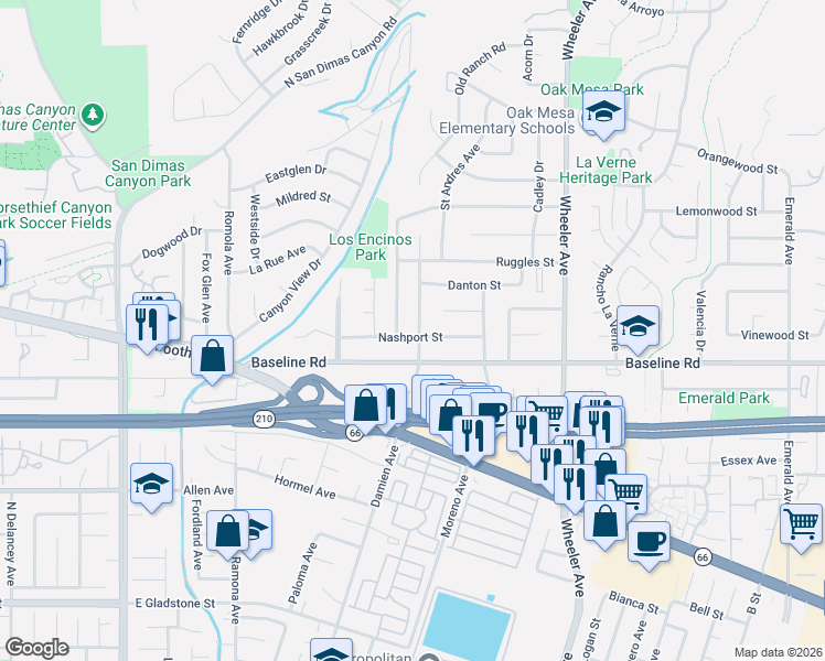 map of restaurants, bars, coffee shops, grocery stores, and more near 1119 Baseline Road in La Verne