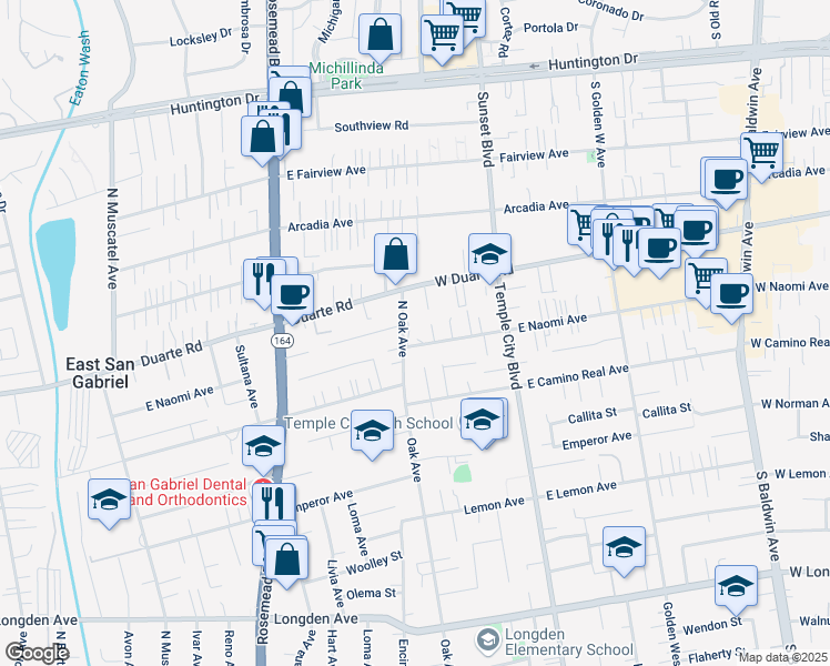 map of restaurants, bars, coffee shops, grocery stores, and more near 6764 North Oak Avenue in San Gabriel