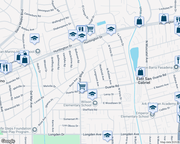 map of restaurants, bars, coffee shops, grocery stores, and more near 6761 Longmont Avenue in San Gabriel