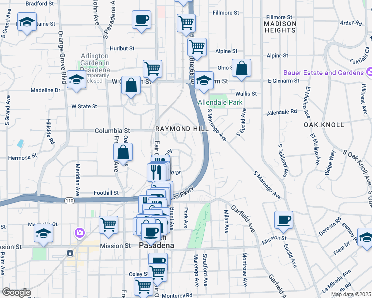map of restaurants, bars, coffee shops, grocery stores, and more near 1600 Amberwood Drive in South Pasadena