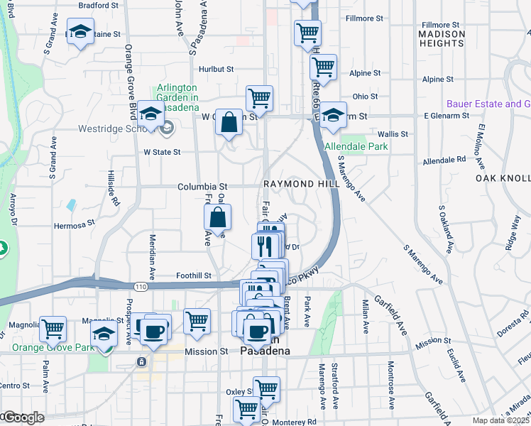 map of restaurants, bars, coffee shops, grocery stores, and more near 325 Fair Oaks Avenue in South Pasadena