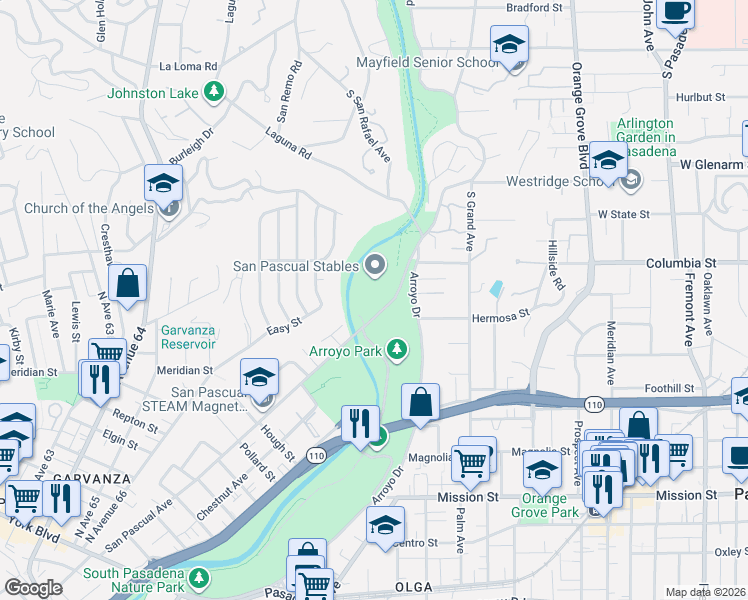 map of restaurants, bars, coffee shops, grocery stores, and more near 315 San Pascual Avenue in Los Angeles