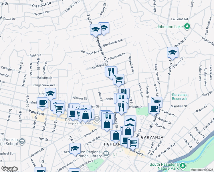 map of restaurants, bars, coffee shops, grocery stores, and more near 6071 Myosotis Street in Los Angeles