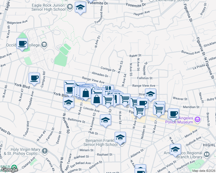 map of restaurants, bars, coffee shops, grocery stores, and more near 5220 Stratford Road in Los Angeles