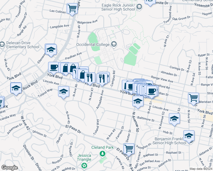 map of restaurants, bars, coffee shops, grocery stores, and more near 1384 Armadale Avenue in Los Angeles