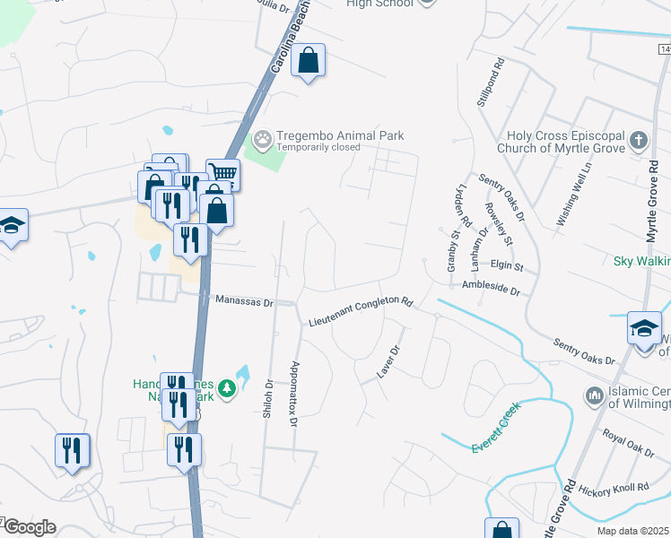 map of restaurants, bars, coffee shops, grocery stores, and more near 5935 Appomattox Drive in Wilmington