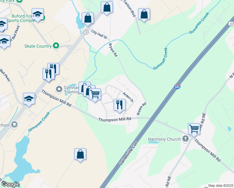 map of restaurants, bars, coffee shops, grocery stores, and more near 4648 Candlewyck Way in Buford