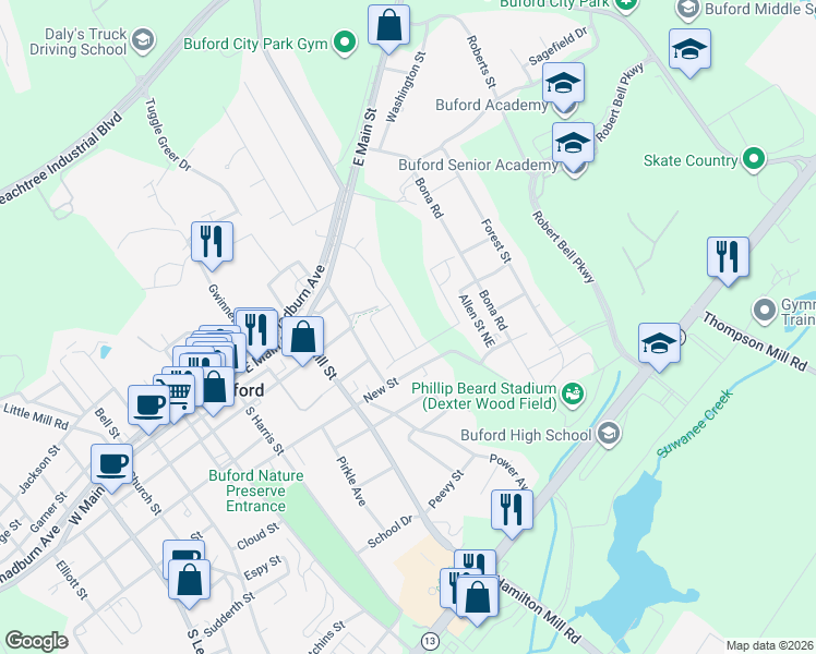 map of restaurants, bars, coffee shops, grocery stores, and more near 4923 Greenard Watson Lane in Buford