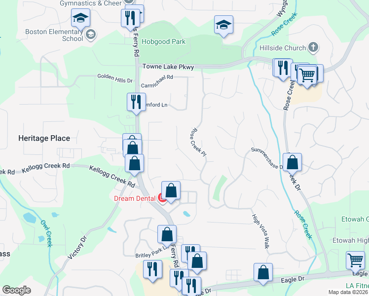 map of restaurants, bars, coffee shops, grocery stores, and more near 916 Rose Creek Trail in Woodstock