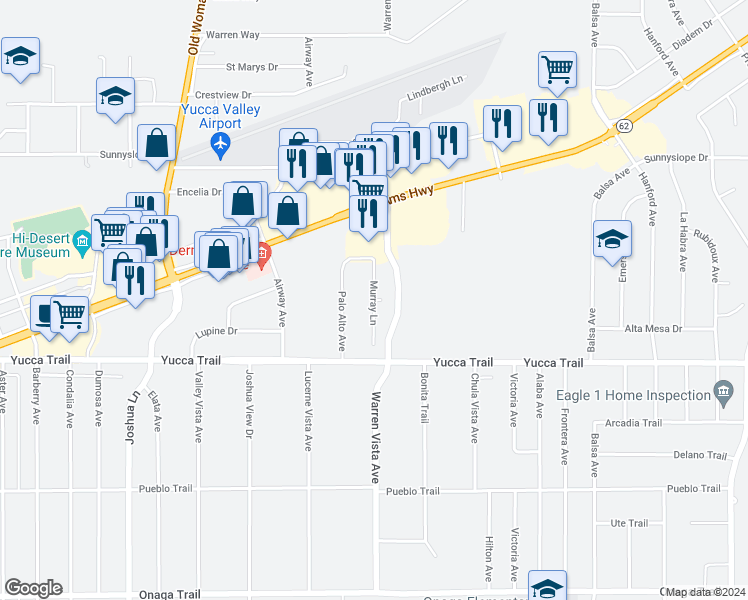 map of restaurants, bars, coffee shops, grocery stores, and more near 7182 Murray Lane in Yucca Valley
