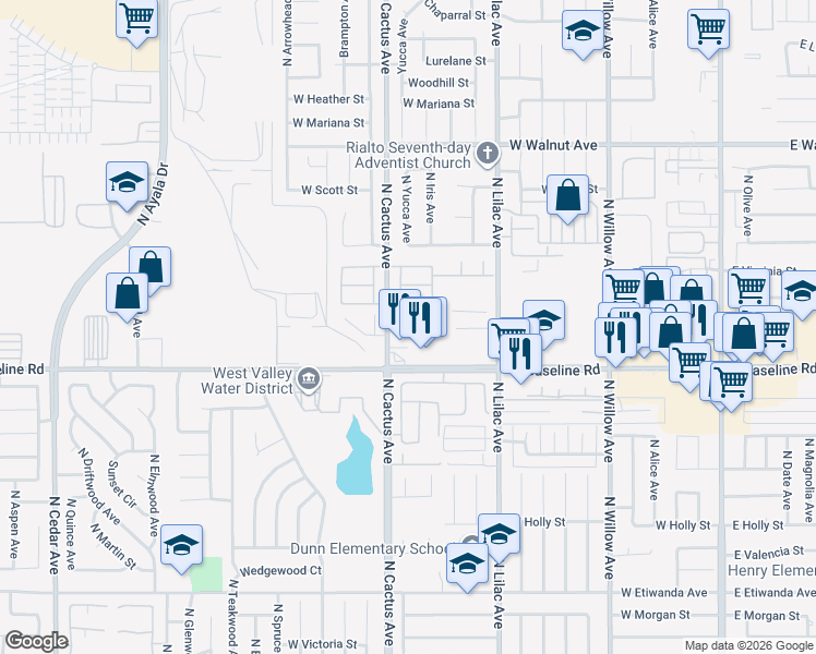 map of restaurants, bars, coffee shops, grocery stores, and more near in Rialto
