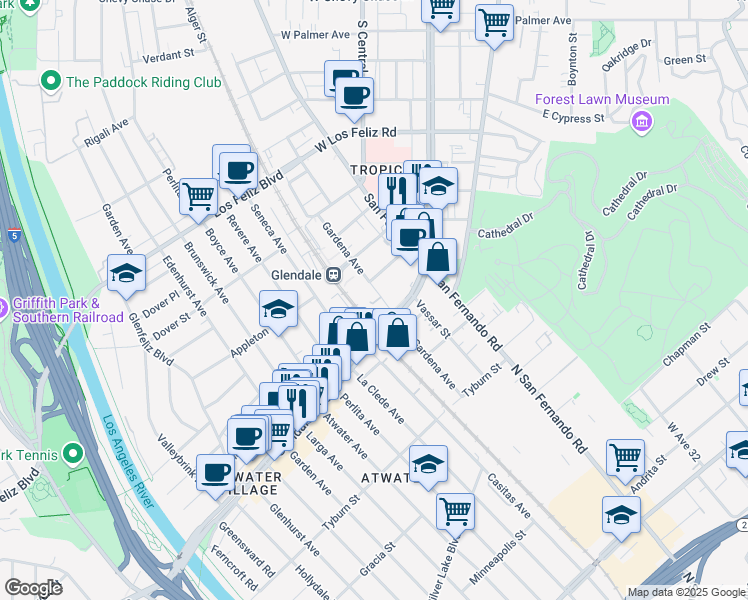 map of restaurants, bars, coffee shops, grocery stores, and more near 1761 Gardena Avenue in Glendale