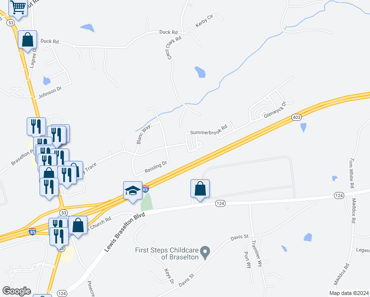 map of restaurants, bars, coffee shops, grocery stores, and more near 210 Brookstone Trail in Braselton