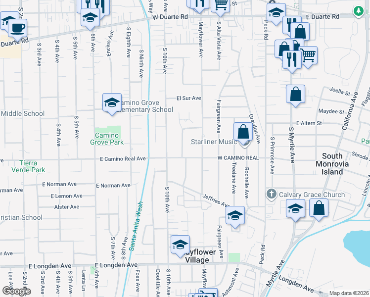 map of restaurants, bars, coffee shops, grocery stores, and more near 1520 Loganrita Avenue in Arcadia