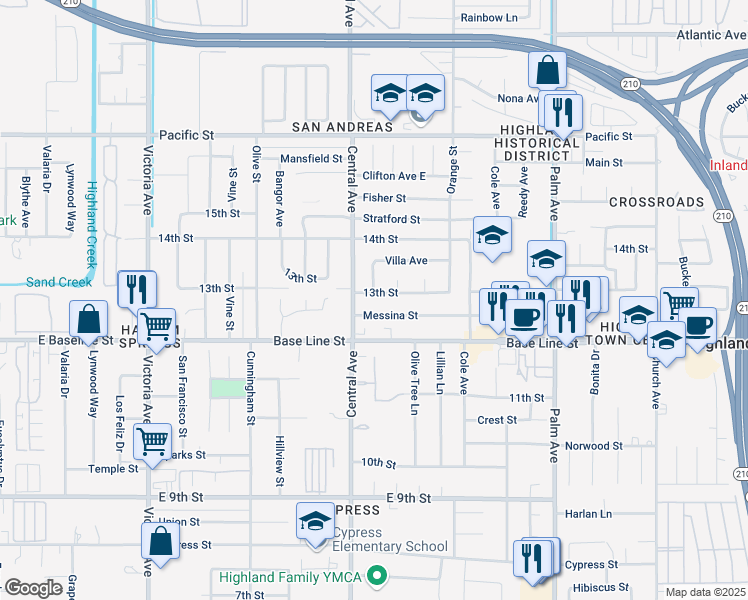map of restaurants, bars, coffee shops, grocery stores, and more near 26959 Messina Street in Highland
