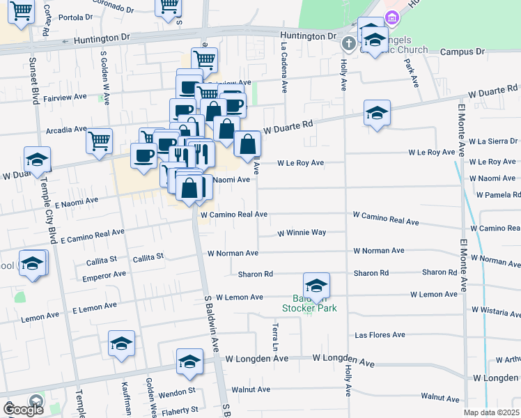map of restaurants, bars, coffee shops, grocery stores, and more near 1430 Lovell Avenue in Arcadia