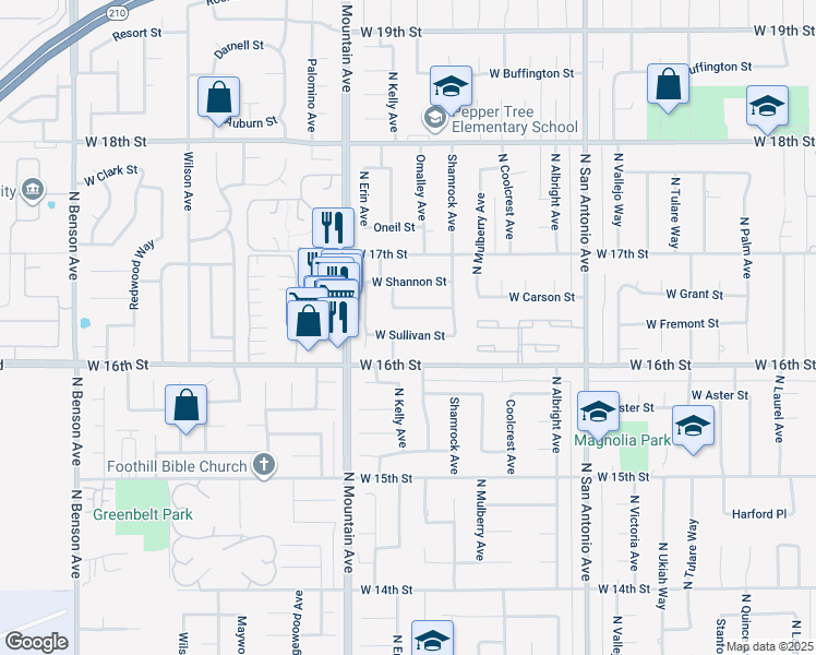map of restaurants, bars, coffee shops, grocery stores, and more near 1099 West Sullivan Street in Upland