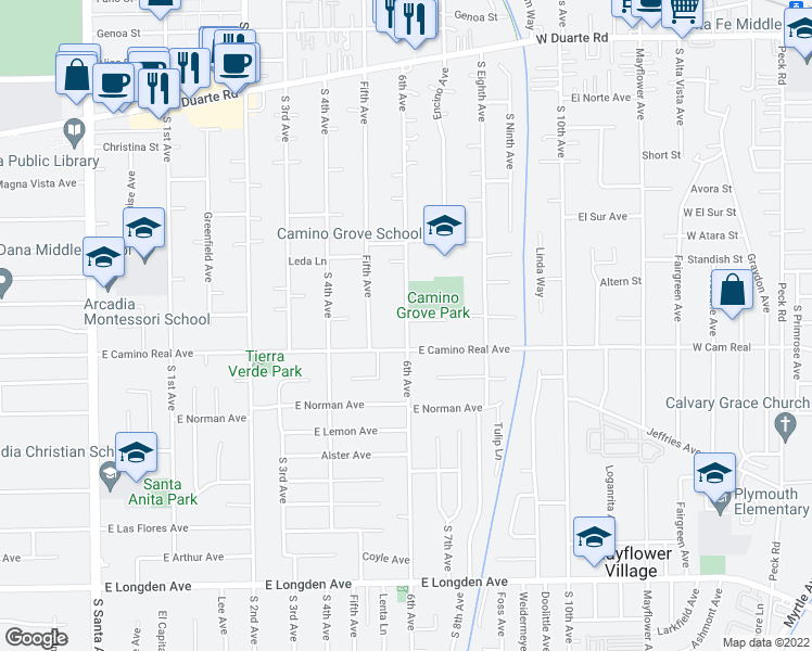 map of restaurants, bars, coffee shops, grocery stores, and more near 1509 South 6th Avenue in Arcadia