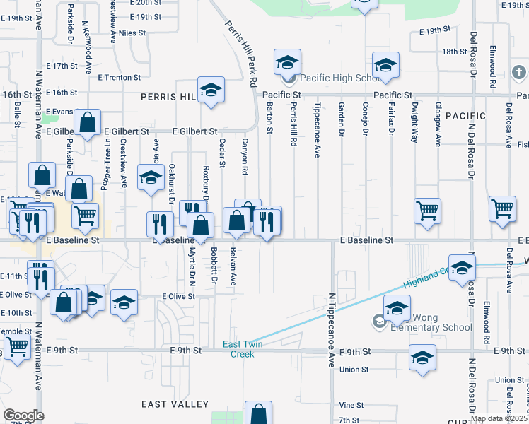 map of restaurants, bars, coffee shops, grocery stores, and more near 7252 Barton Street in San Bernardino