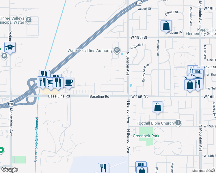 map of restaurants, bars, coffee shops, grocery stores, and more near 1730 West Alps Drive in Upland