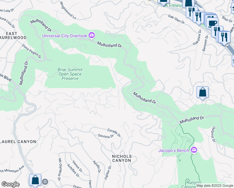 map of restaurants, bars, coffee shops, grocery stores, and more near 7605 Woodrow Wilson Drive in Los Angeles