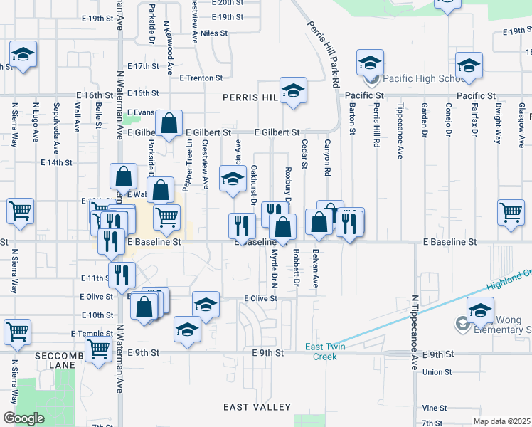 map of restaurants, bars, coffee shops, grocery stores, and more near 1256 Windsor Drive in San Bernardino