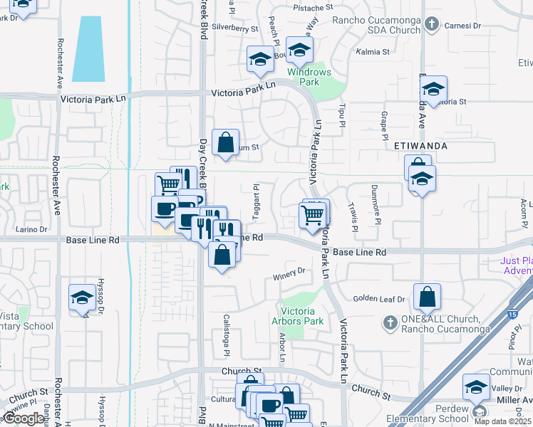 map of restaurants, bars, coffee shops, grocery stores, and more near 7238 San Carmela Court in Rancho Cucamonga