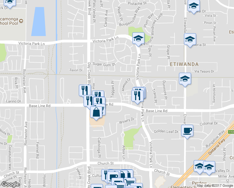 map of restaurants, bars, coffee shops, grocery stores, and more near 7238 San Carmela Court in Rancho Cucamonga