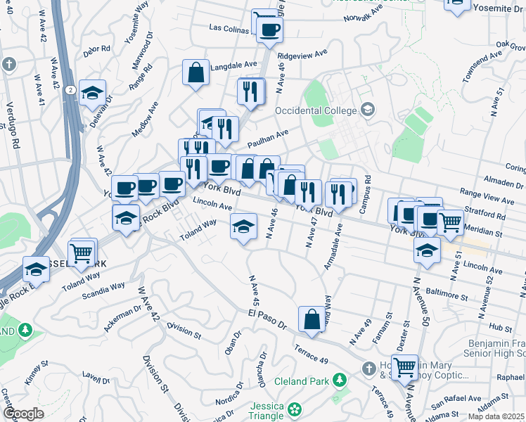 map of restaurants, bars, coffee shops, grocery stores, and more near 4500 York Boulevard in Los Angeles