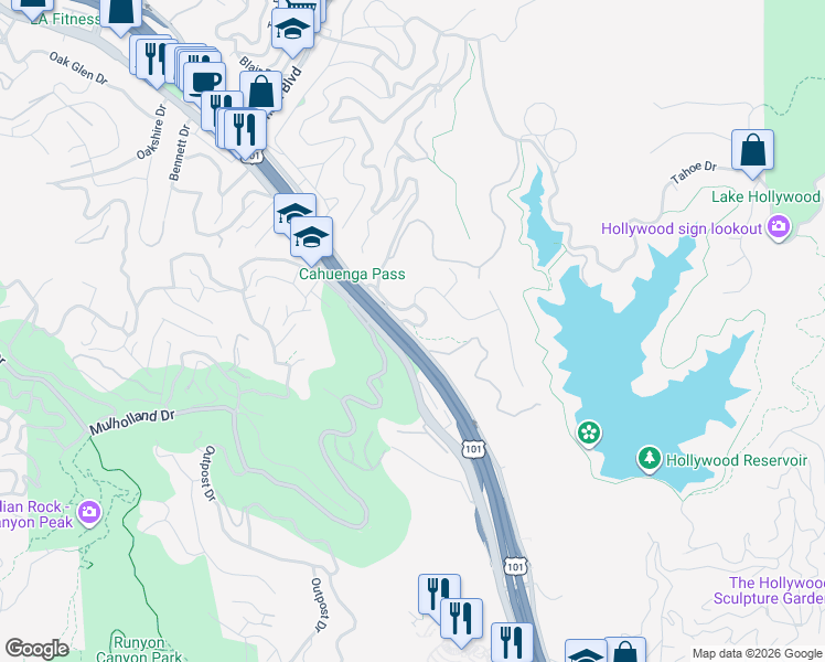 map of restaurants, bars, coffee shops, grocery stores, and more near 6680 Lakeridge Place in Los Angeles