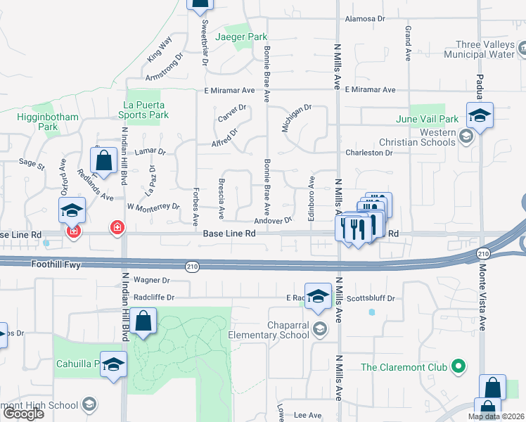map of restaurants, bars, coffee shops, grocery stores, and more near 2123 Bonnie Brae Avenue in Claremont