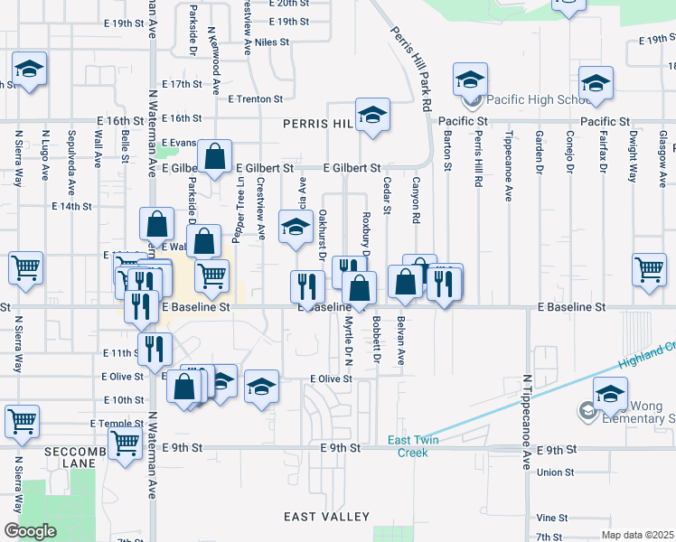 map of restaurants, bars, coffee shops, grocery stores, and more near 1256 Windsor Drive in San Bernardino