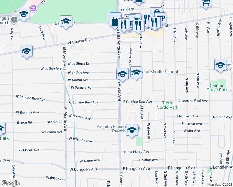 map of restaurants, bars, coffee shops, grocery stores, and more near 1511 South Santa Anita Avenue in Arcadia