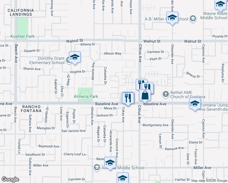 map of restaurants, bars, coffee shops, grocery stores, and more near 15930 Chorus Lane in Fontana