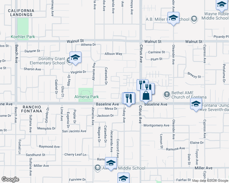 map of restaurants, bars, coffee shops, grocery stores, and more near 15930 Chorus Lane in Fontana