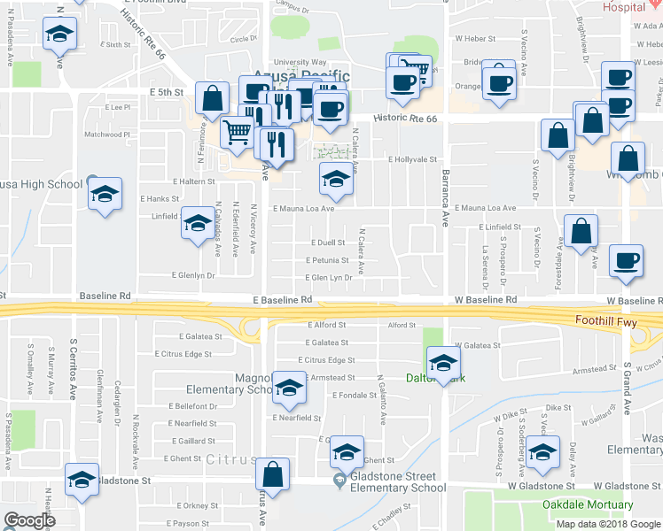 map of restaurants, bars, coffee shops, grocery stores, and more near 18628 Petunia St in Azusa