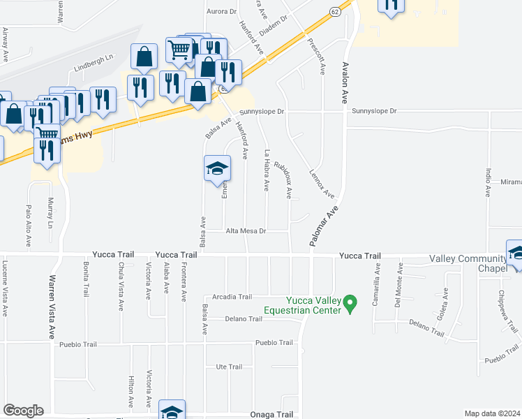 map of restaurants, bars, coffee shops, grocery stores, and more near 7172 La Habra Avenue in Yucca Valley