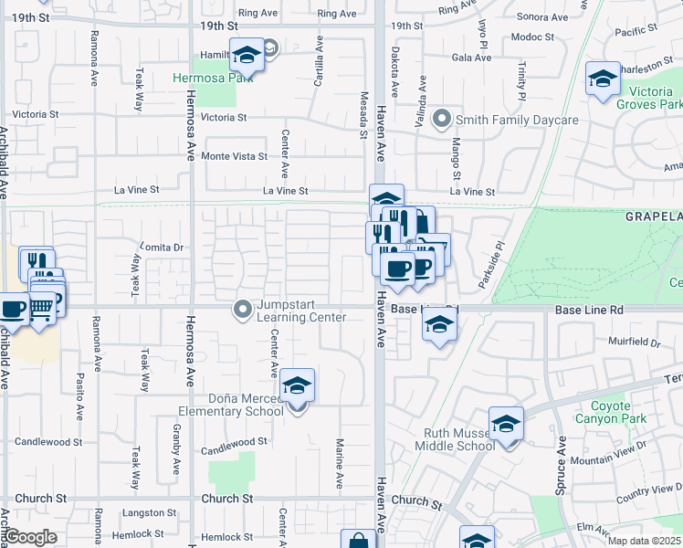 map of restaurants, bars, coffee shops, grocery stores, and more near 7241 Marine Avenue in Rancho Cucamonga